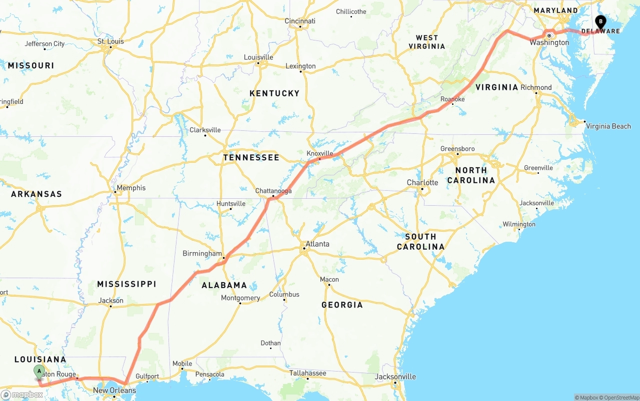 Shipping route from Louisiana to Delaware