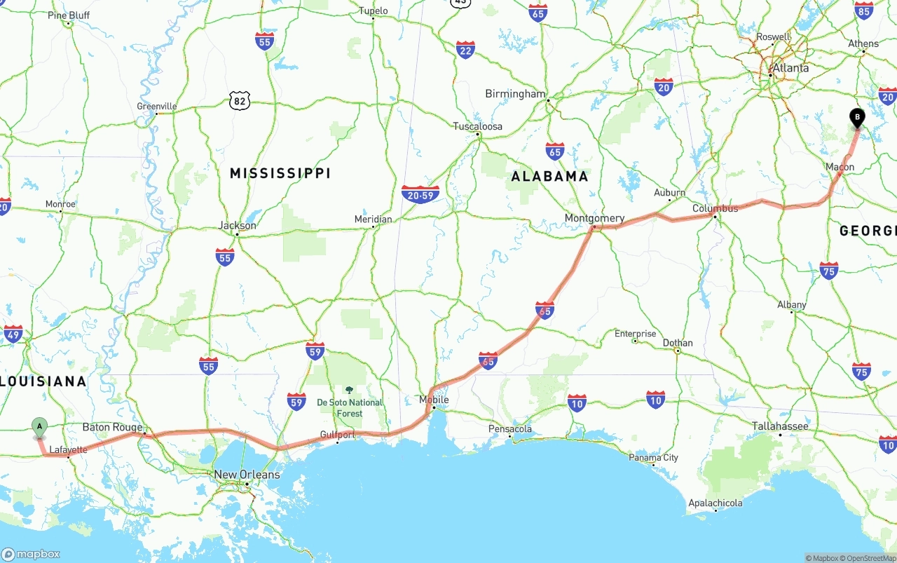 Shipping route from Louisiana to Georgia