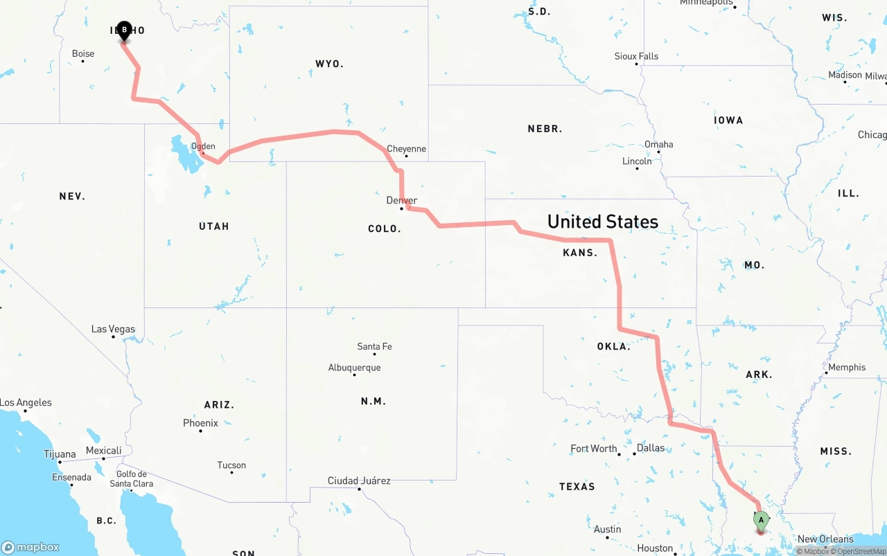Shipping route from Louisiana to Idaho