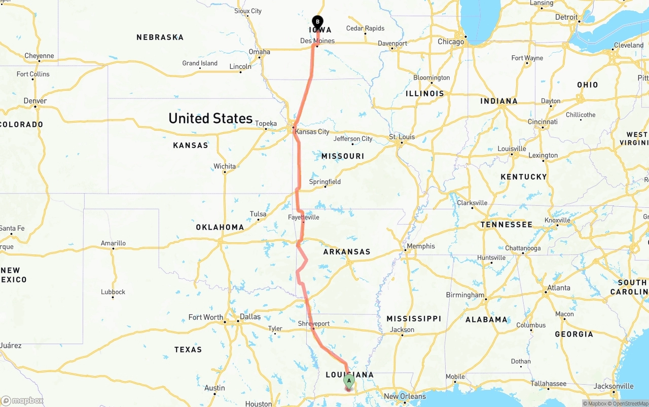 Shipping route from Louisiana to Iowa
