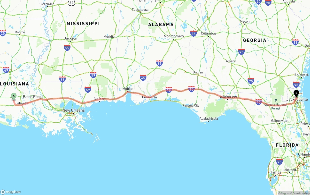 Shipping route from Louisiana to Jacksonville International Airport