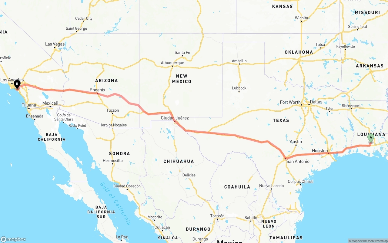 Shipping route from Louisiana to John Wayne Airport — Orange County