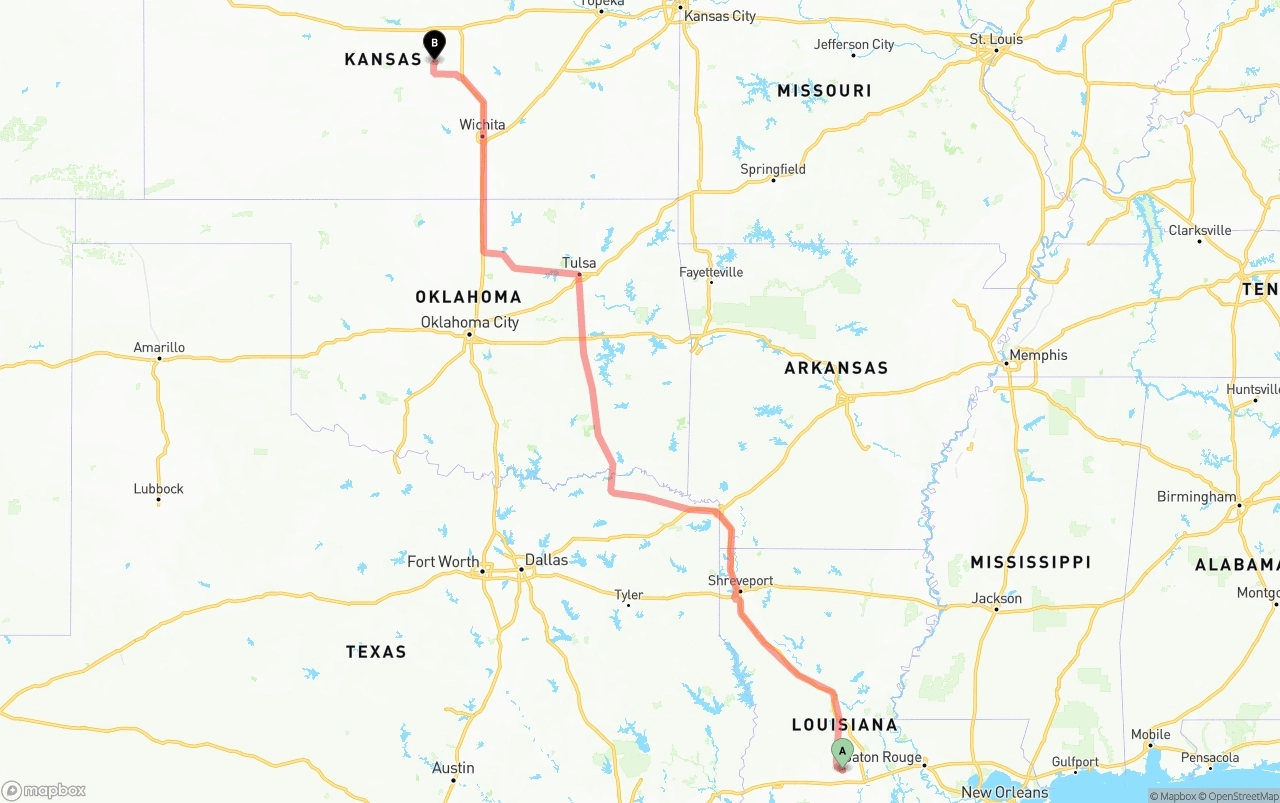 Shipping route from Louisiana to Kansas