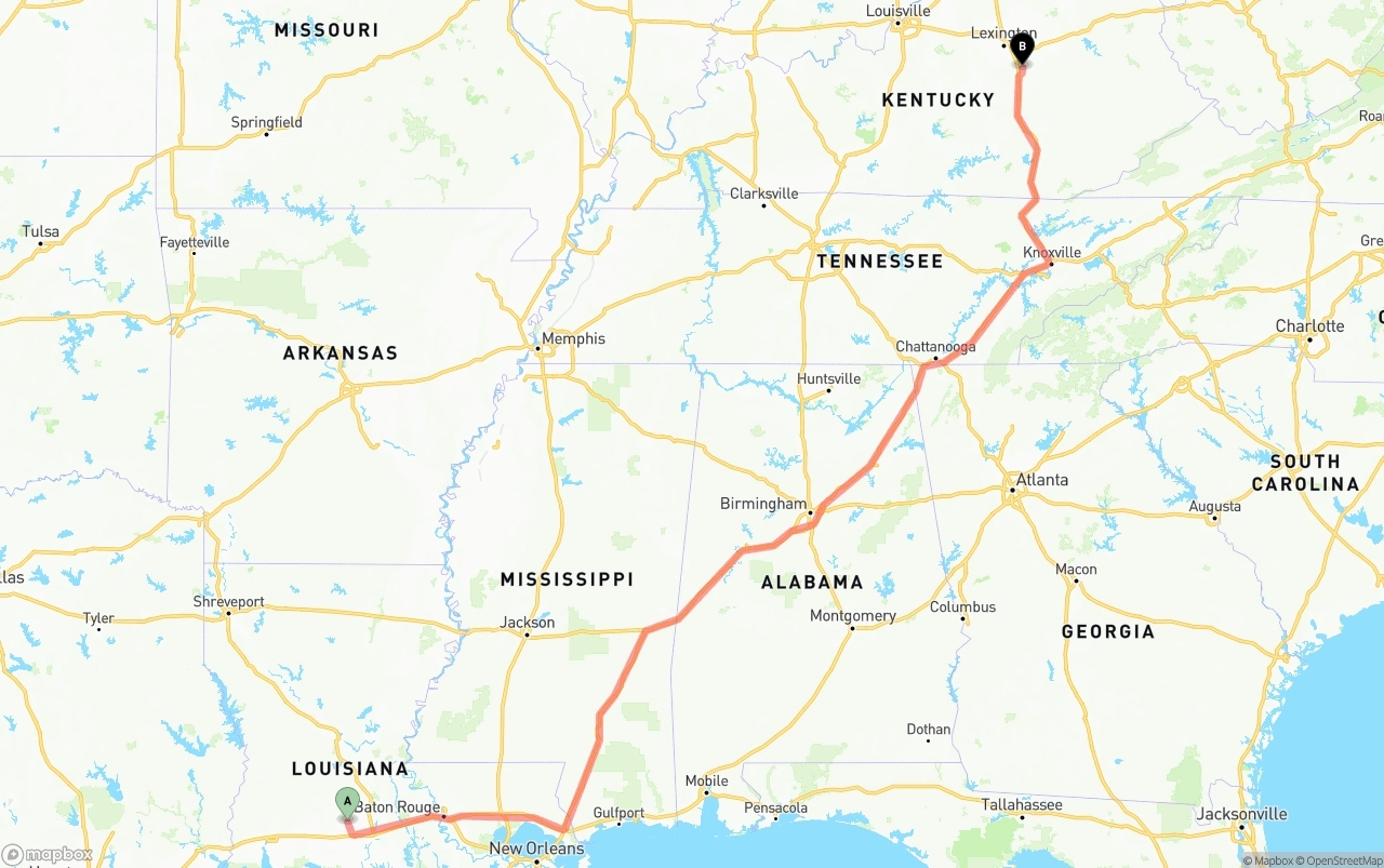 Shipping route from Louisiana to Kentucky