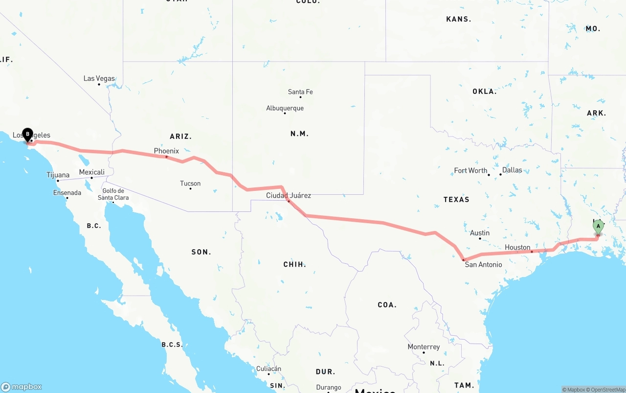 Shipping route from Louisiana to Los Angeles International Airport