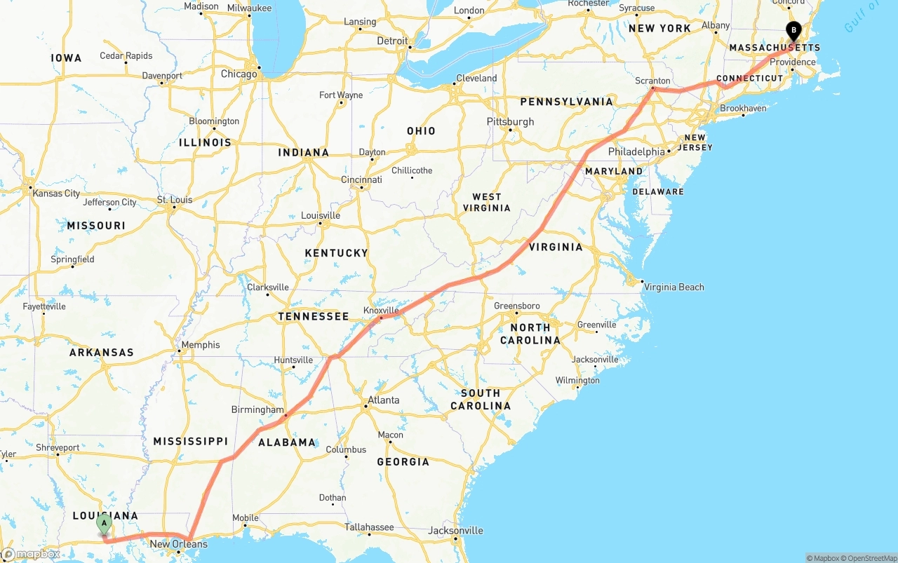 Shipping route from Louisiana to Massachusetts