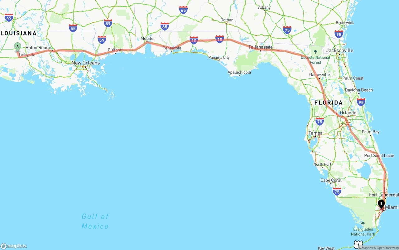 Shipping route from Louisiana to Miami International Airport