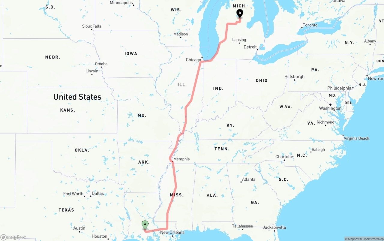 Shipping route from Louisiana to Michigan