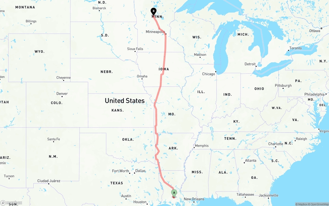 Shipping route from Louisiana to Minnesota