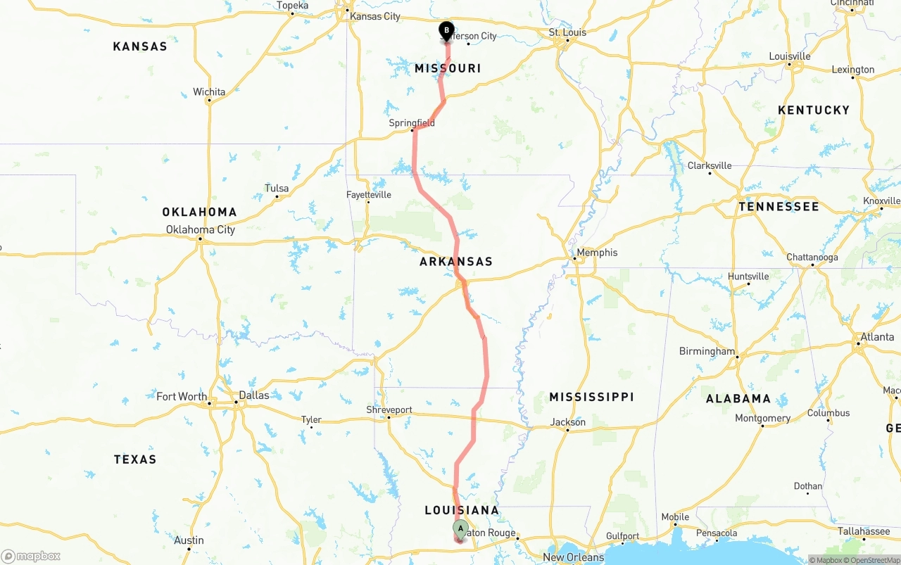 Shipping route from Louisiana to Missouri