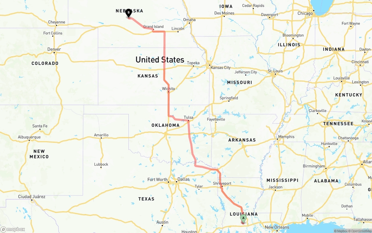 Shipping route from Louisiana to Nebraska
