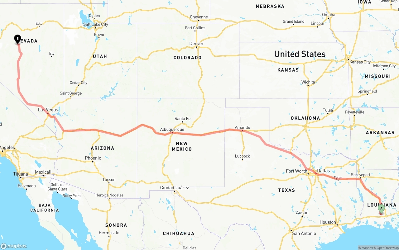 Shipping route from Louisiana to Nevada