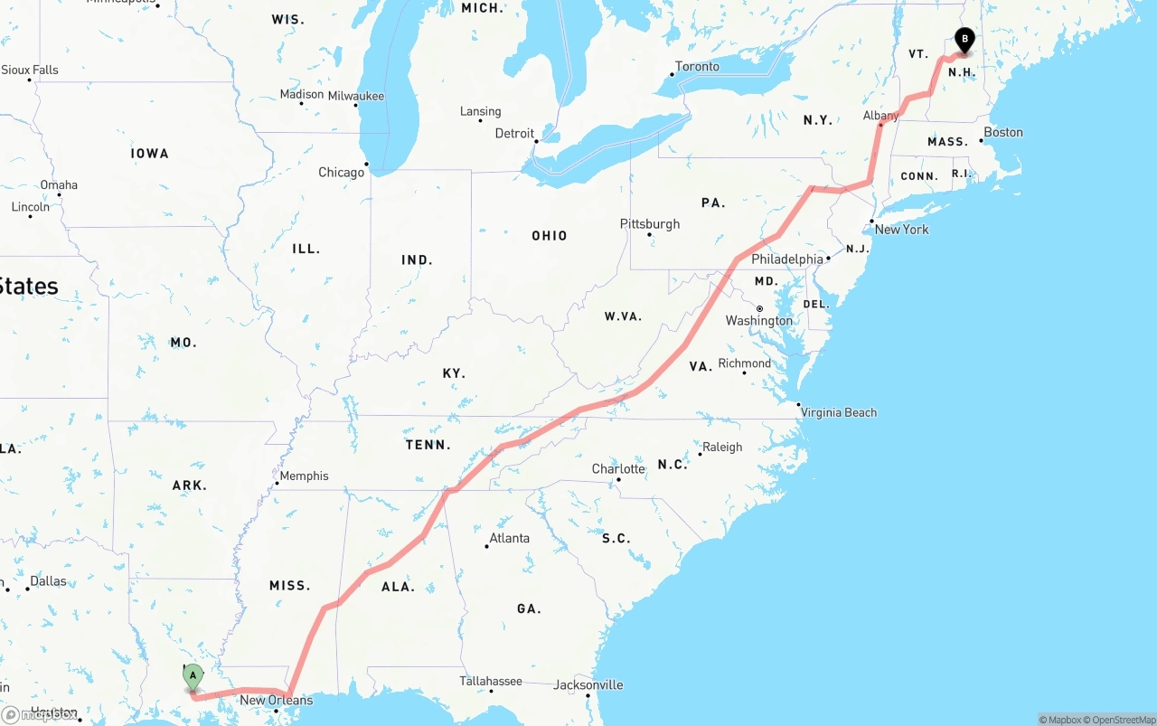 Shipping route from Louisiana to New Hampshire