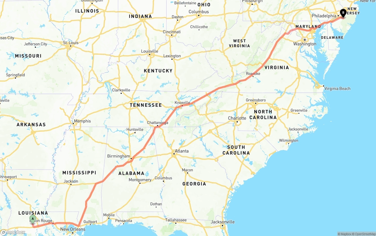 Shipping route from Louisiana to New Jersey