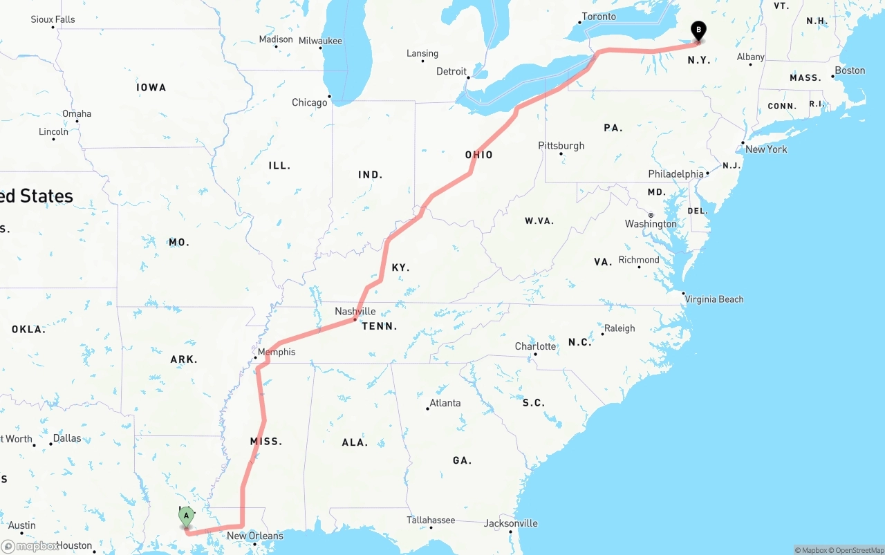 Shipping route from Louisiana to New York