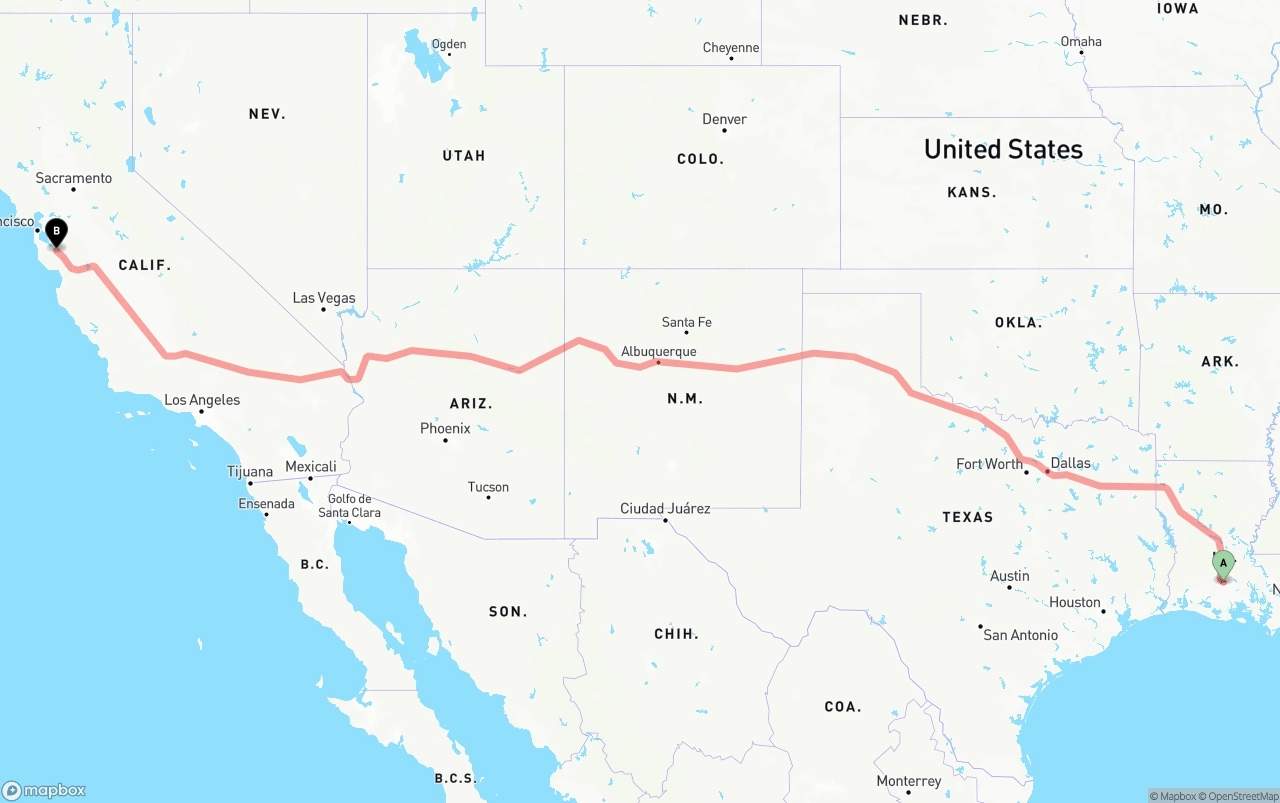 Shipping route from Louisiana to Norman Y. Mineta San Jose International Airport