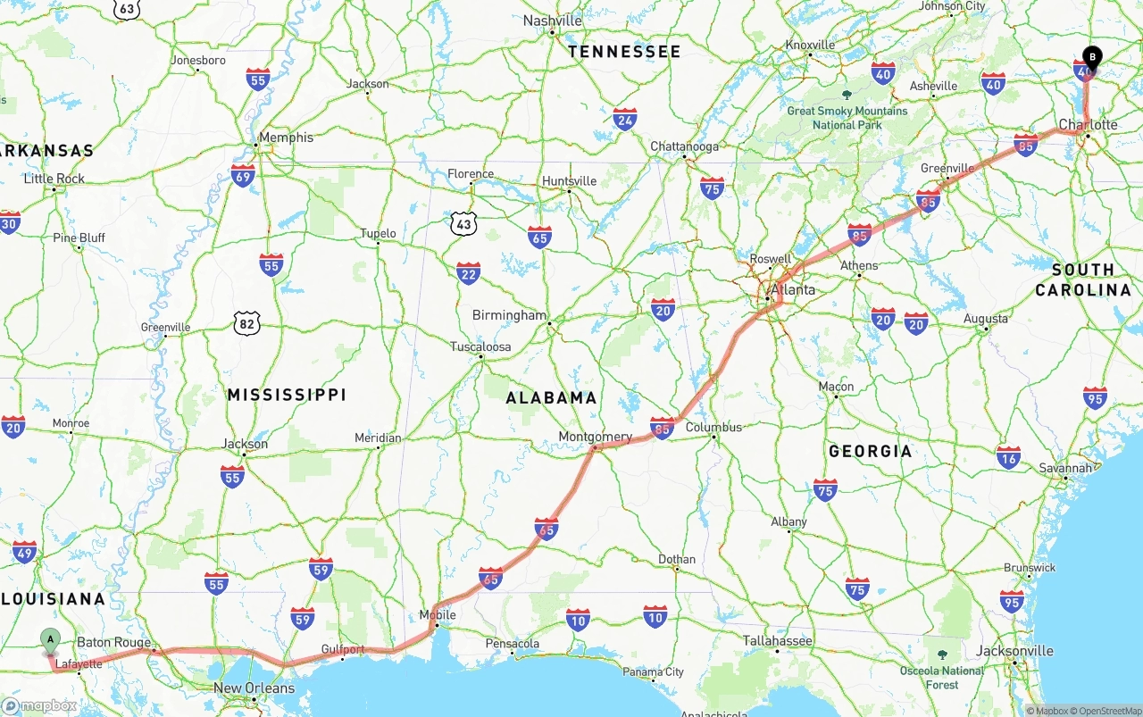 Shipping route from Louisiana to North Carolina