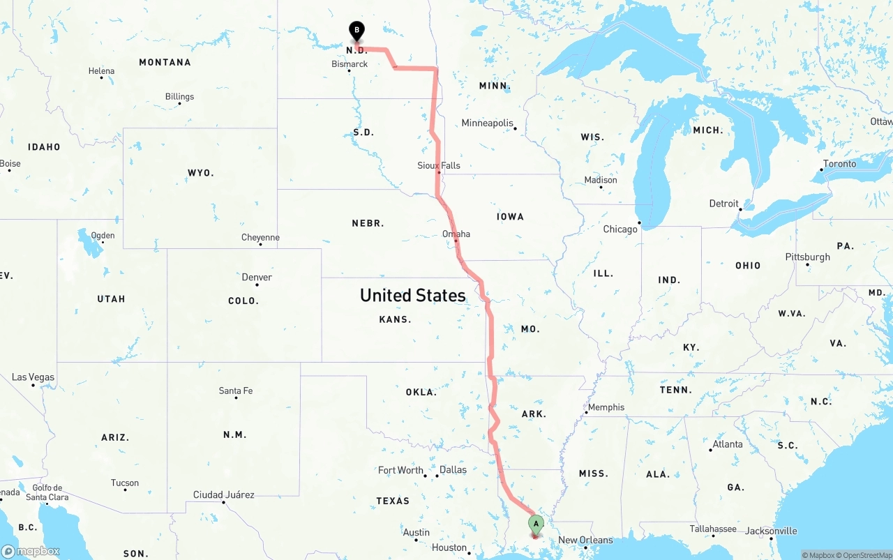 Shipping route from Louisiana to North Dakota