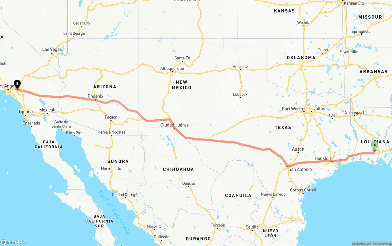 Shipping route from Louisiana to Ontario International Airport