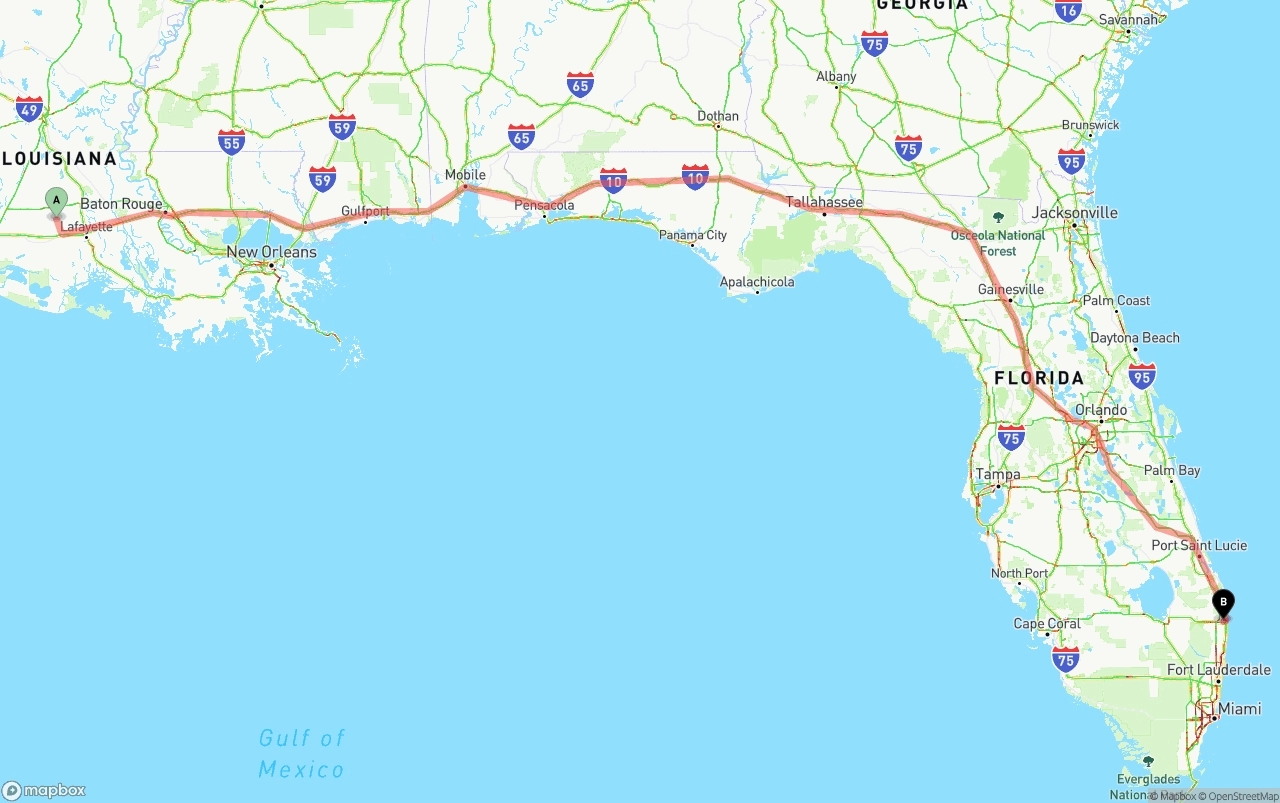 Shipping route from Louisiana to Palm Beach International Airport