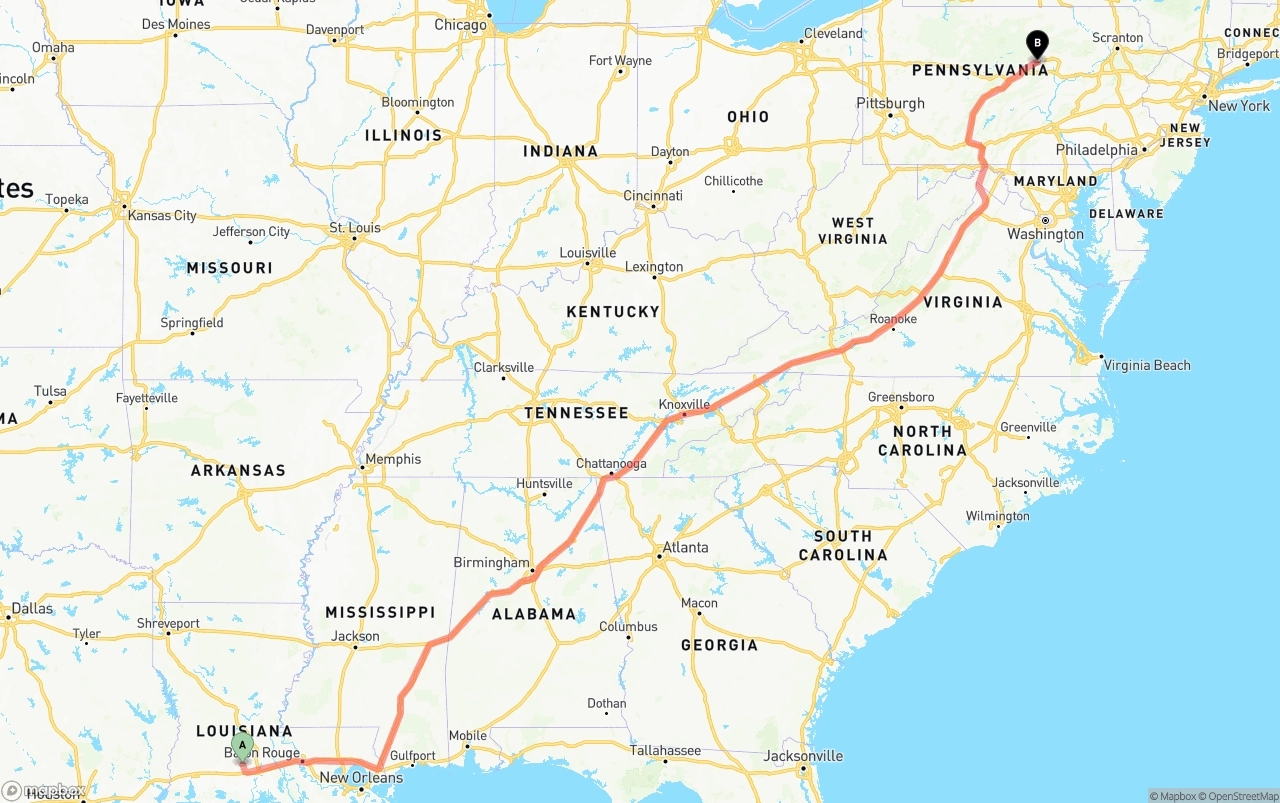 Shipping route from Louisiana to Pennsylvania