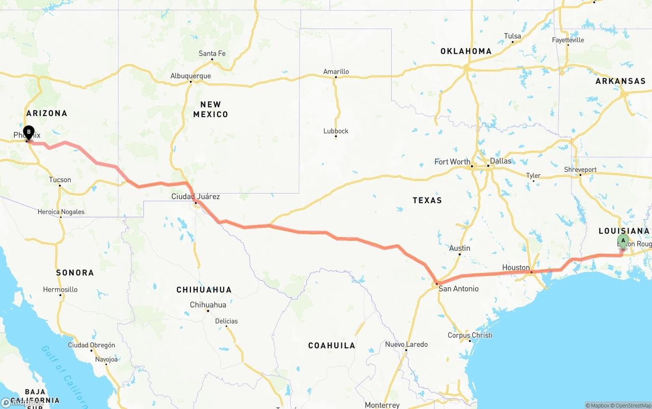 Shipping route from Louisiana to Phoenix Sky Harbor International Airport