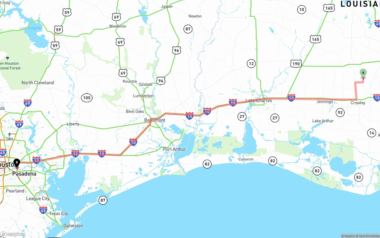 Shipping route from Louisiana to Port of Houston