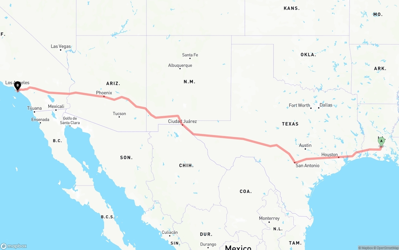 Shipping route from Louisiana to Port of Long Beach
