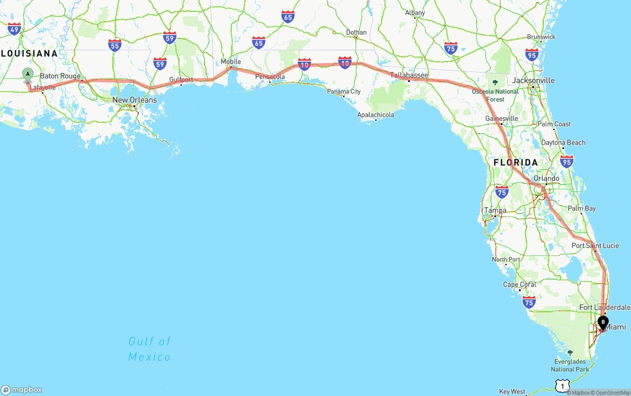 Shipping route from Louisiana to Port of Miami