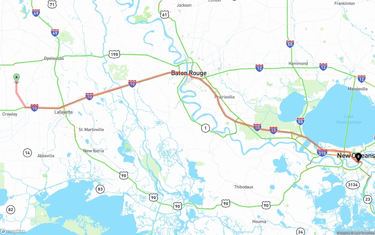 Shipping route from Louisiana to Port of New Orleans