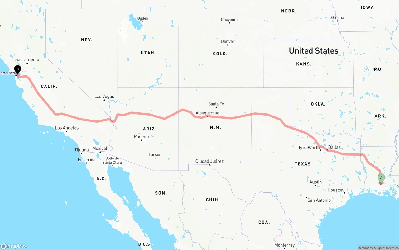 Shipping route from Louisiana to Port of Oakland