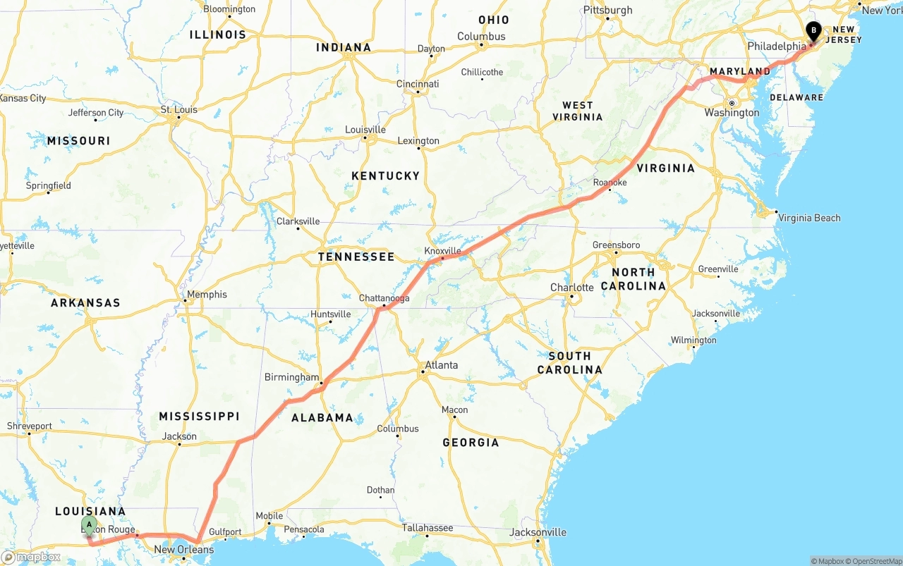 Shipping route from Louisiana to Port of Philadelphia