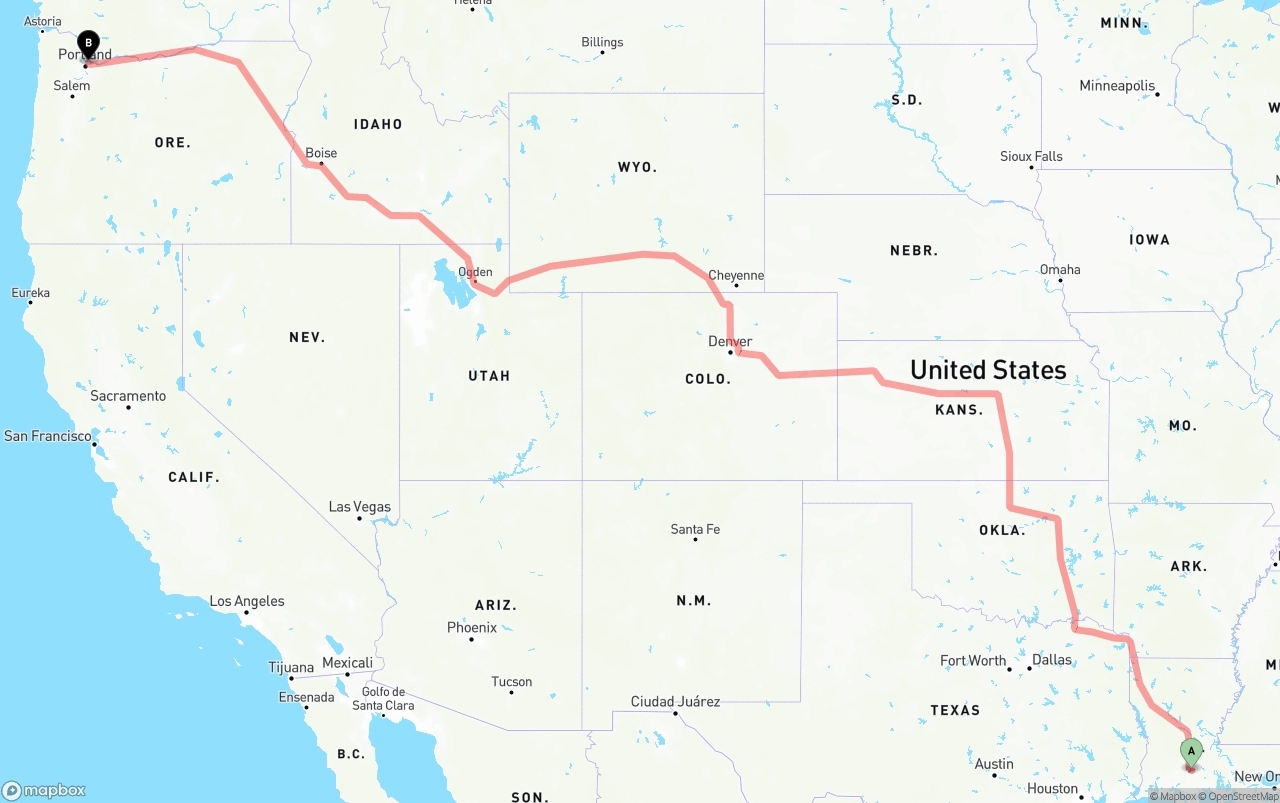 Shipping route from Louisiana to Port of Portland