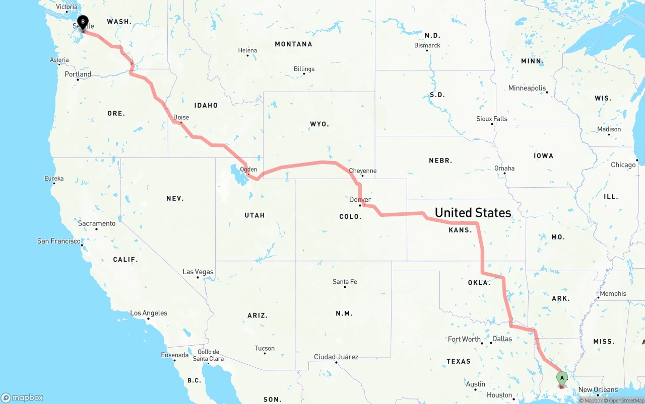 Shipping route from Louisiana to Port of Seattle