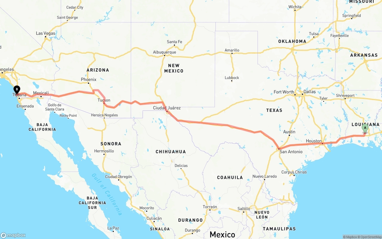 Shipping route from Louisiana to San Diego International Airport