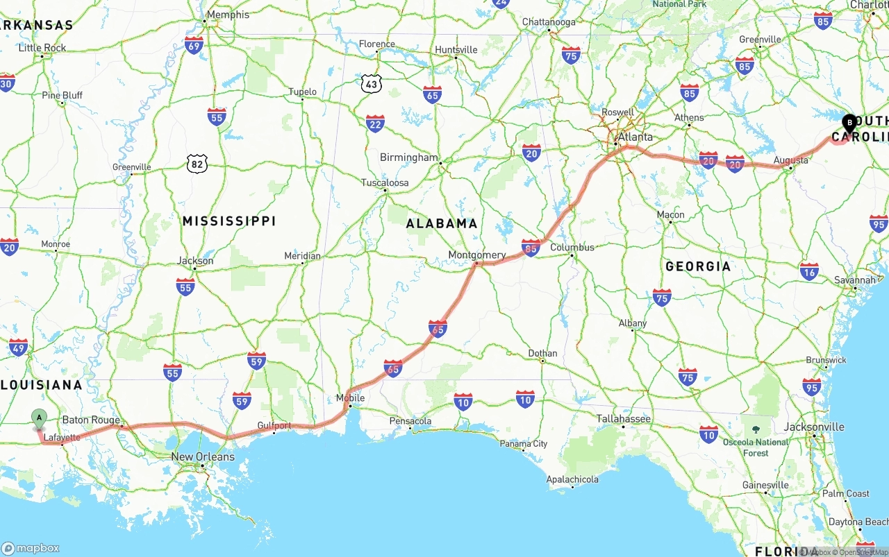 Shipping route from Louisiana to South Carolina