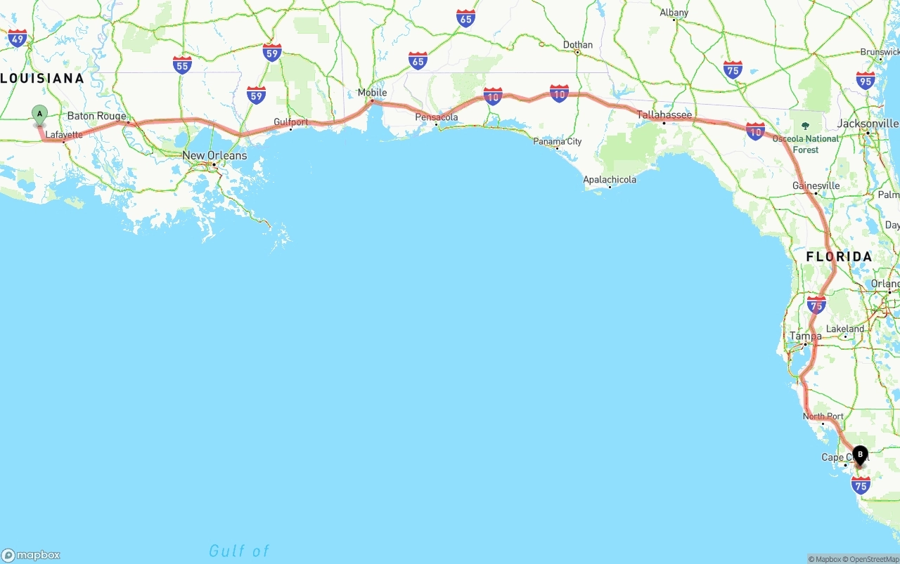 Shipping route from Louisiana to Southwest Florida International Airport