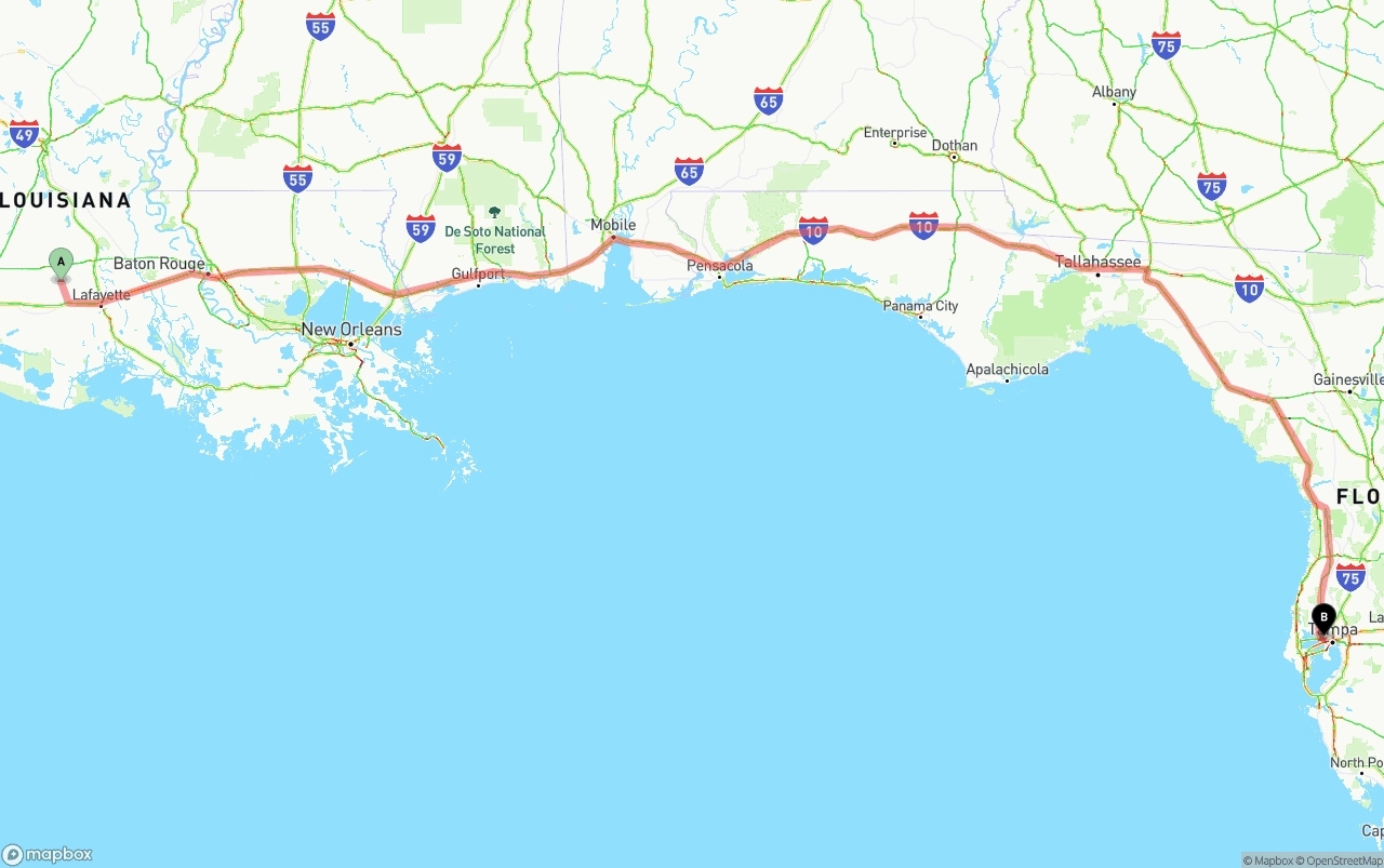 Shipping route from Louisiana to Tampa International Airport