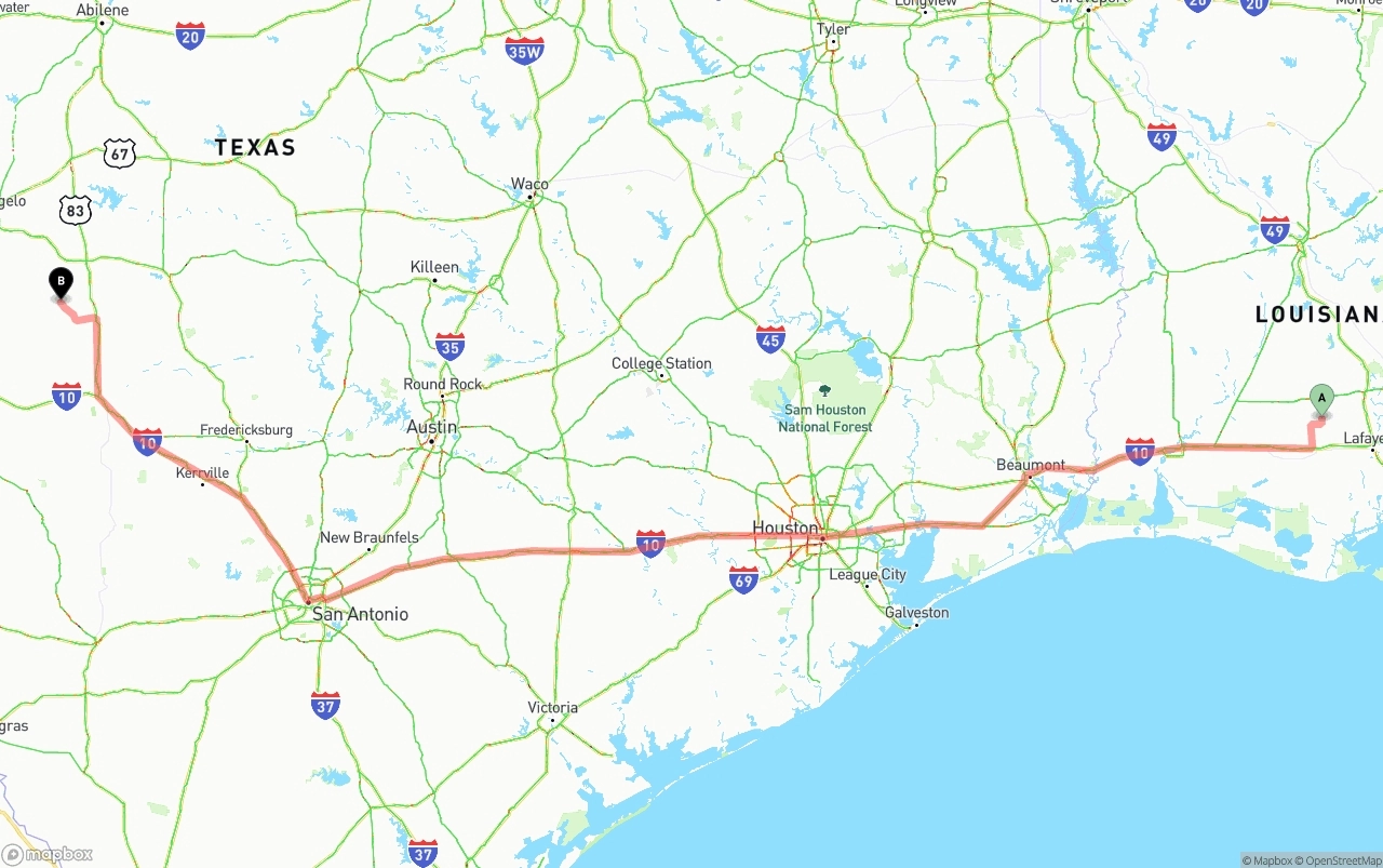 Shipping route from Louisiana to Texas