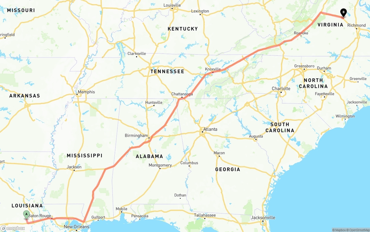 Shipping route from Louisiana to Virginia