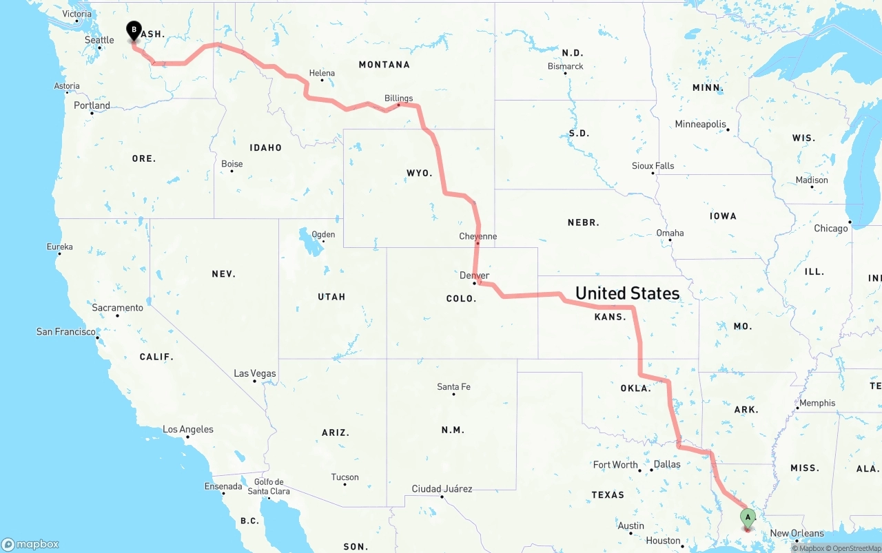 Shipping route from Louisiana to Washington