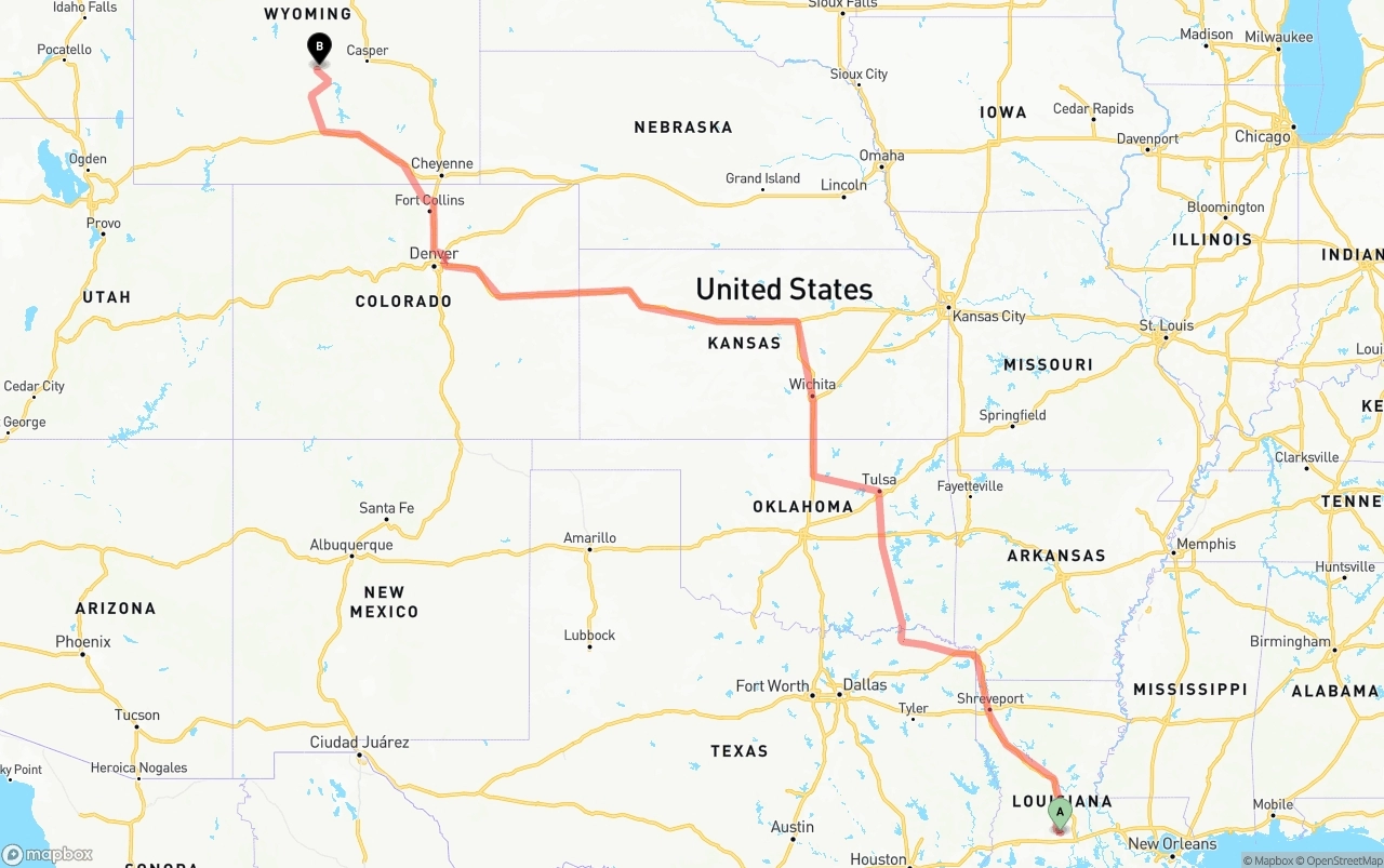 Shipping route from Louisiana to Wyoming