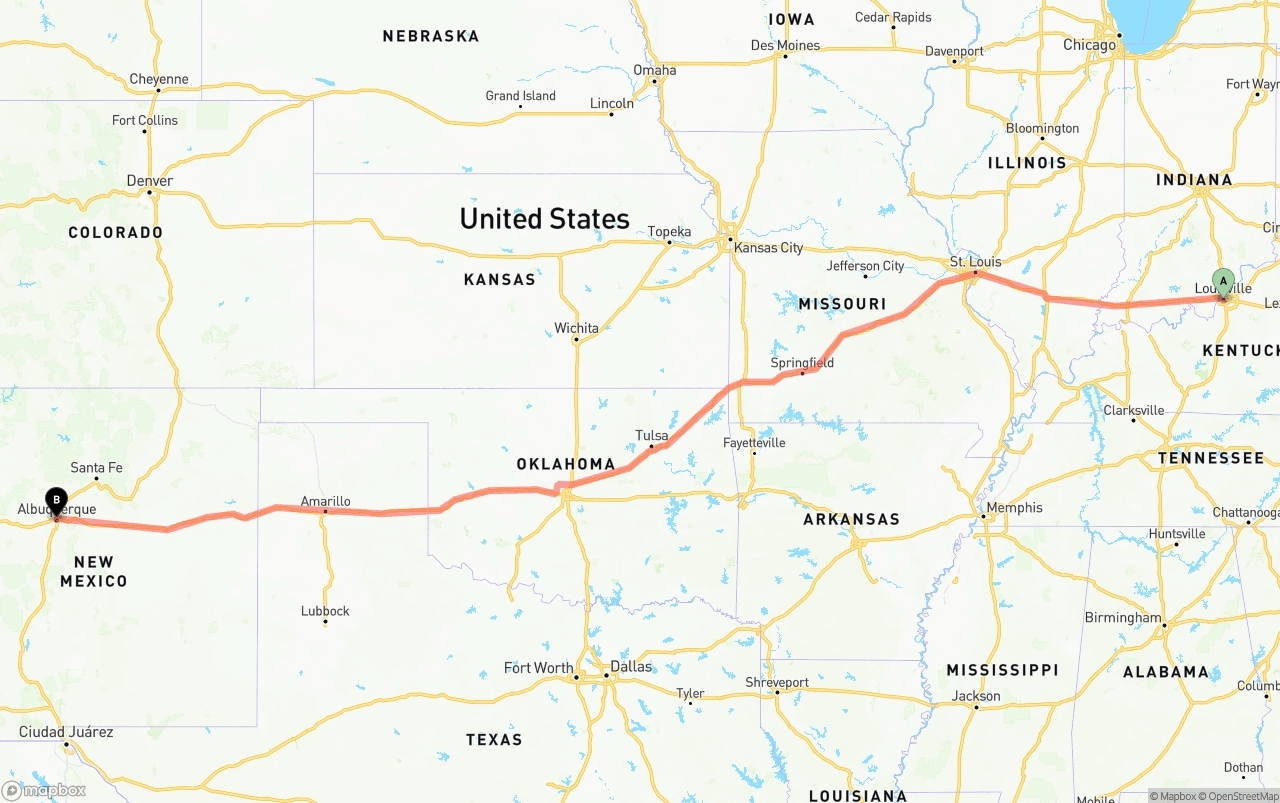 Shipping route from Louisville to Albuquerque