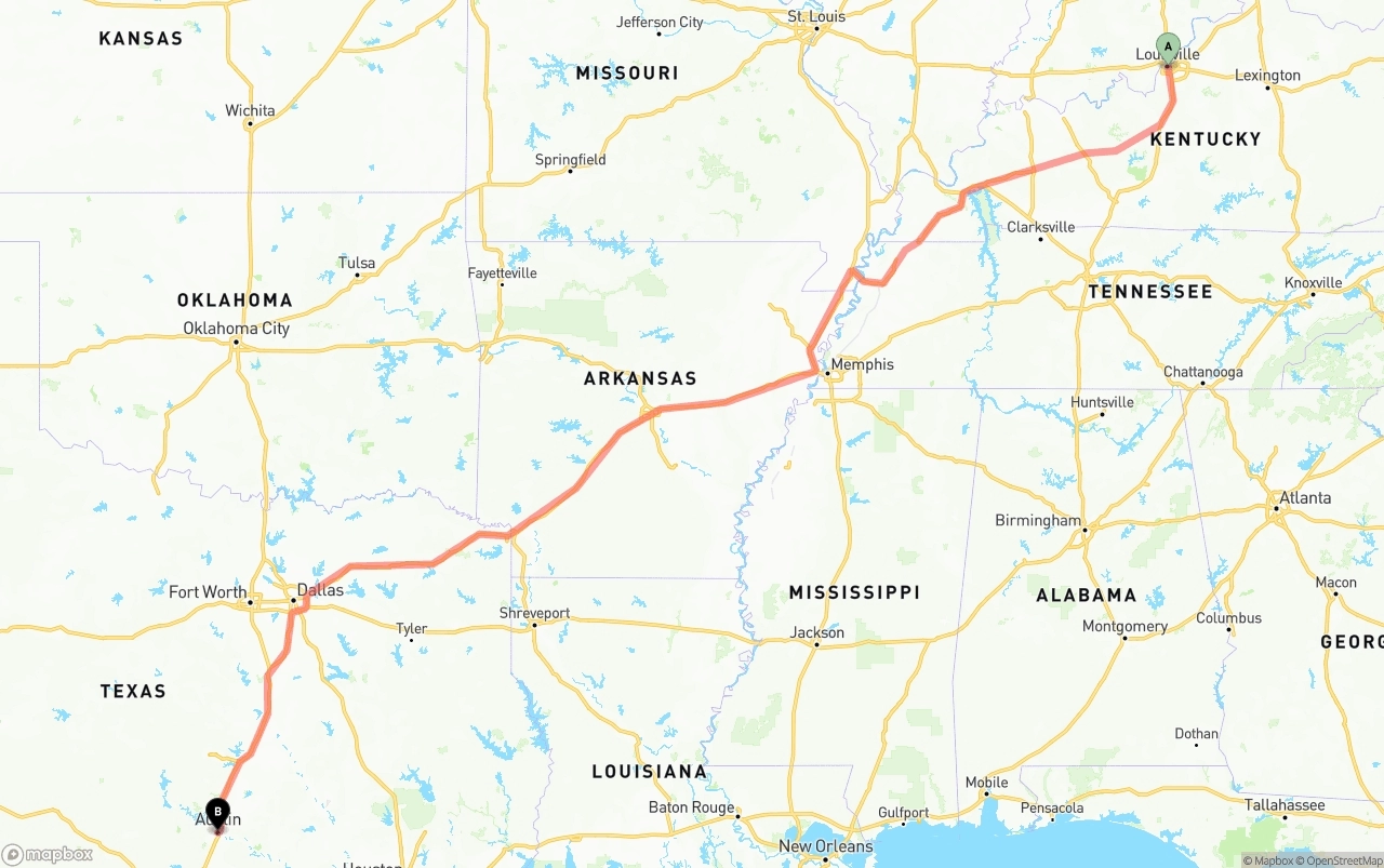 Shipping route from Louisville to Austin