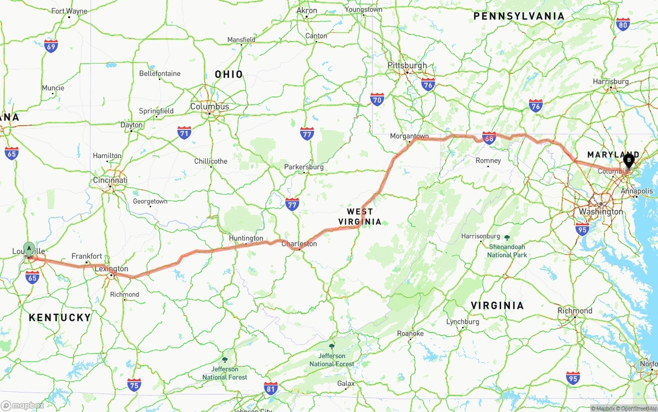 Shipping route from Louisville to Baltimore