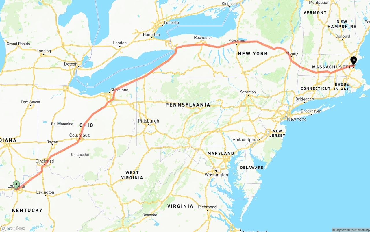 Shipping route from Louisville to Boston
