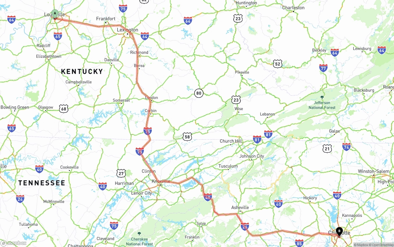 Shipping route from Louisville to Charlotte