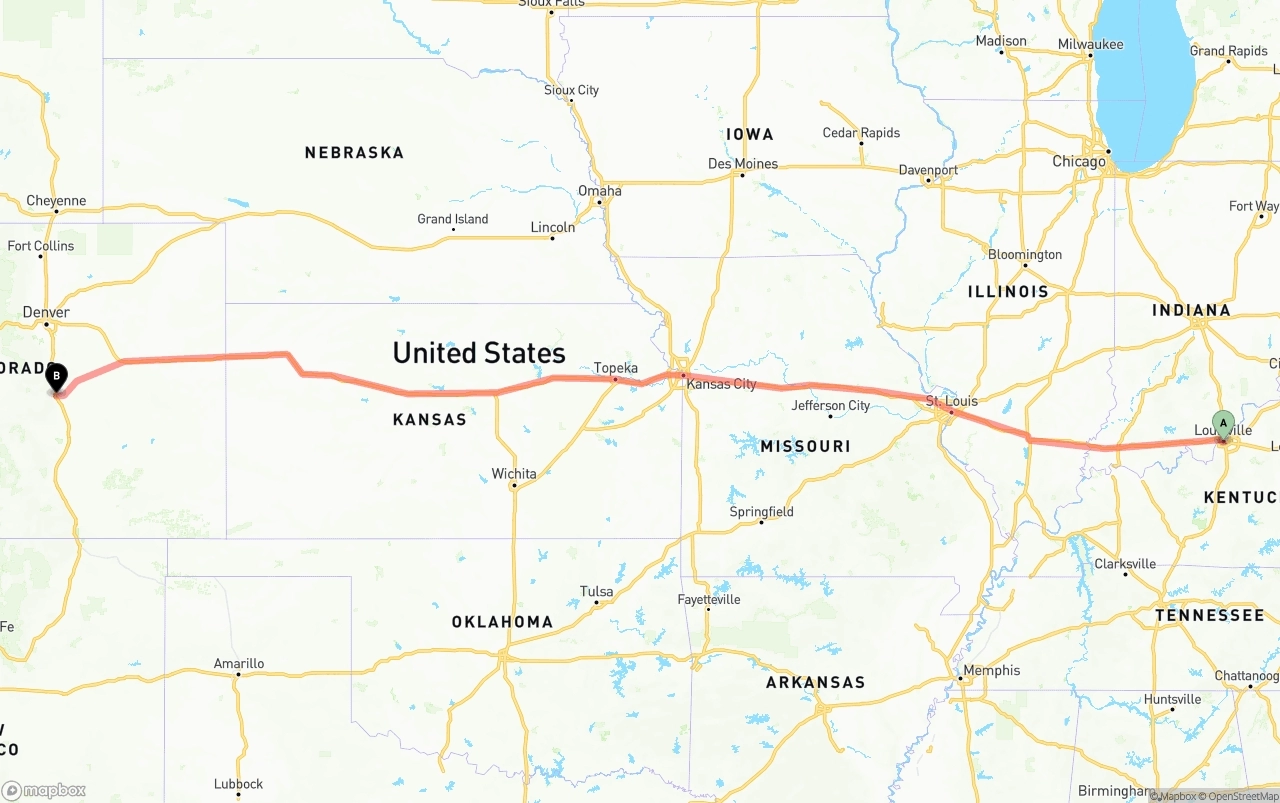 Shipping route from Louisville to Colorado Springs