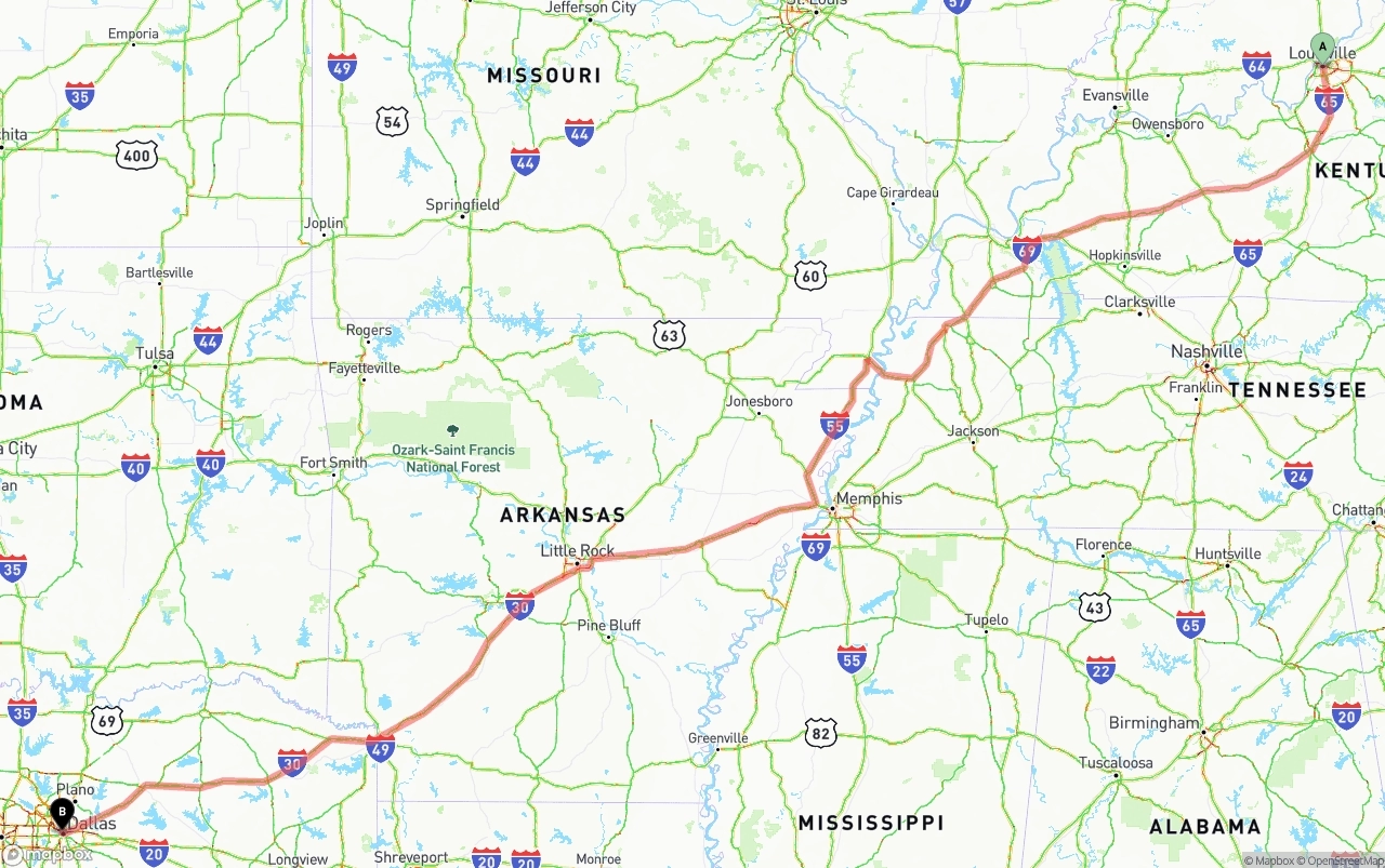 Shipping route from Louisville to Dallas