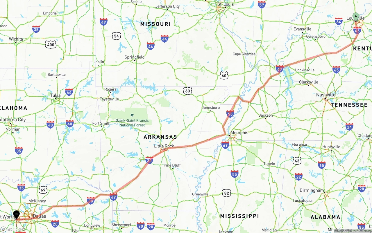Shipping route from Louisville to Fort Worth